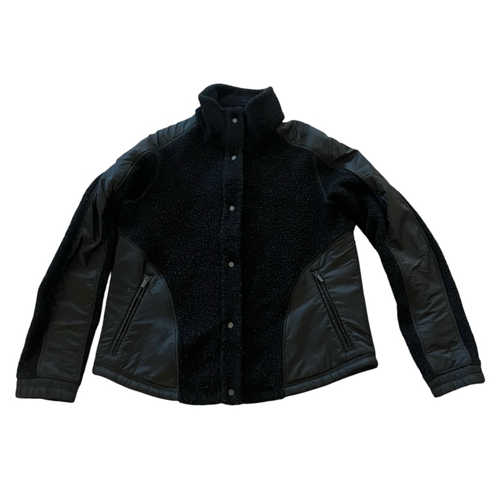 Lululemon‎ Womens 4 Black Sherpa Button Up Jacket Wool Blend Mid-Length Pockets